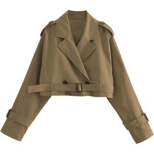 Women's Cropped Bike Jacket Double Breasted Trench Coat with Belt Dark Khaki